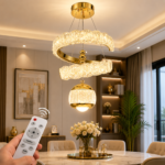 Lustre LED Moderne en Cristal Doré avec Sphère Lumineuse – Image 2