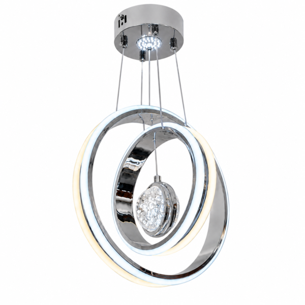 Lustre LED Moderne Argent à Trois Anneaux Elliptiques avec Sphère Cristal