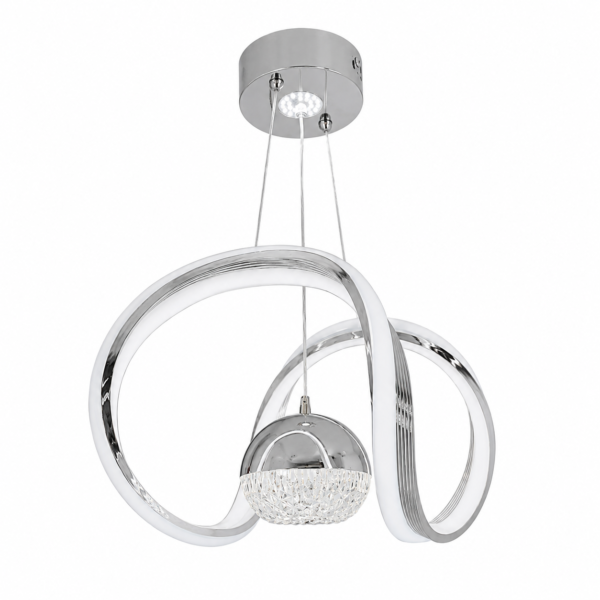 Lustre LED Moderne Argent et Doré à Design Ondulé avec Sphère Cristal