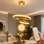 Lustre LED Moderne Doré à Double Anneau Cristal avec Sphère Lumineuse - Image 5