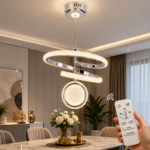 Lustre LED Moderne Doré à Double Anneau Cristal avec Sphère Lumineuse - Image 2