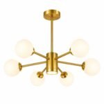 Lustre Moderne Doré – 6 Boules en Verre Dépoli