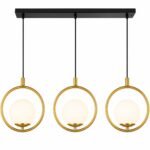 Suspension Linéaire Moderne – 3 Anneaux Dorés avec Boules en Verre Dépoli