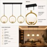 Suspension Linéaire Moderne – 3 Anneaux Dorés avec Boules en Verre Dépoli – Image 4