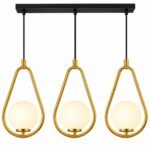 Suspension Linéaire Moderne – 3 Gouttes Dorées avec Boules en Verre Dépoli