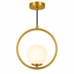 Suspension Moderne Dorée – Anneau avec Boule en Verre Dépoli