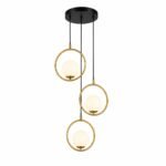 Suspension Cascade Moderne – 3 Anneaux Dorés avec Boules en Verre Dépoli