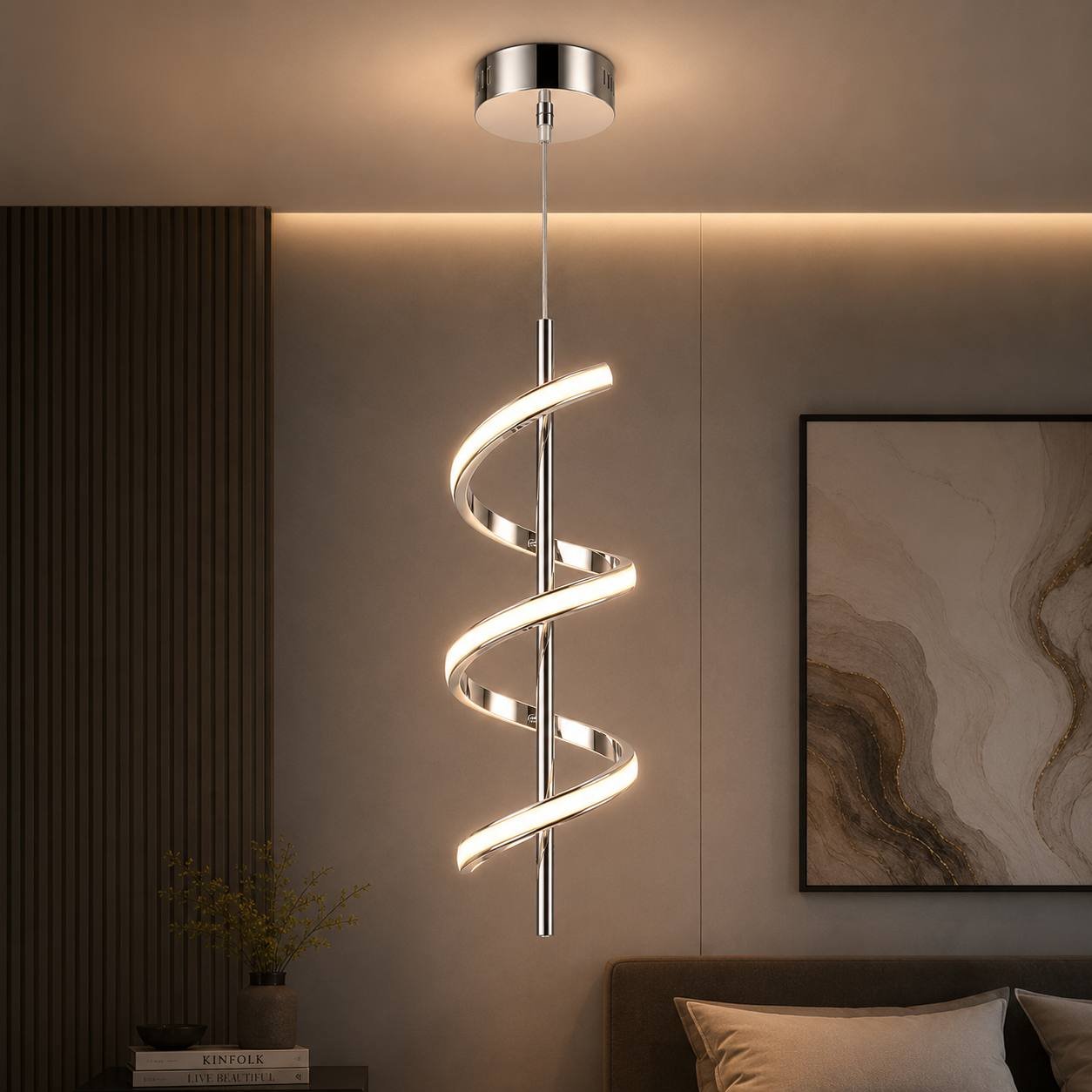 photo_2026-07-23_19-26-27 Suspension LED Spirale Moderne – Finition Chrome Argent – Image 1