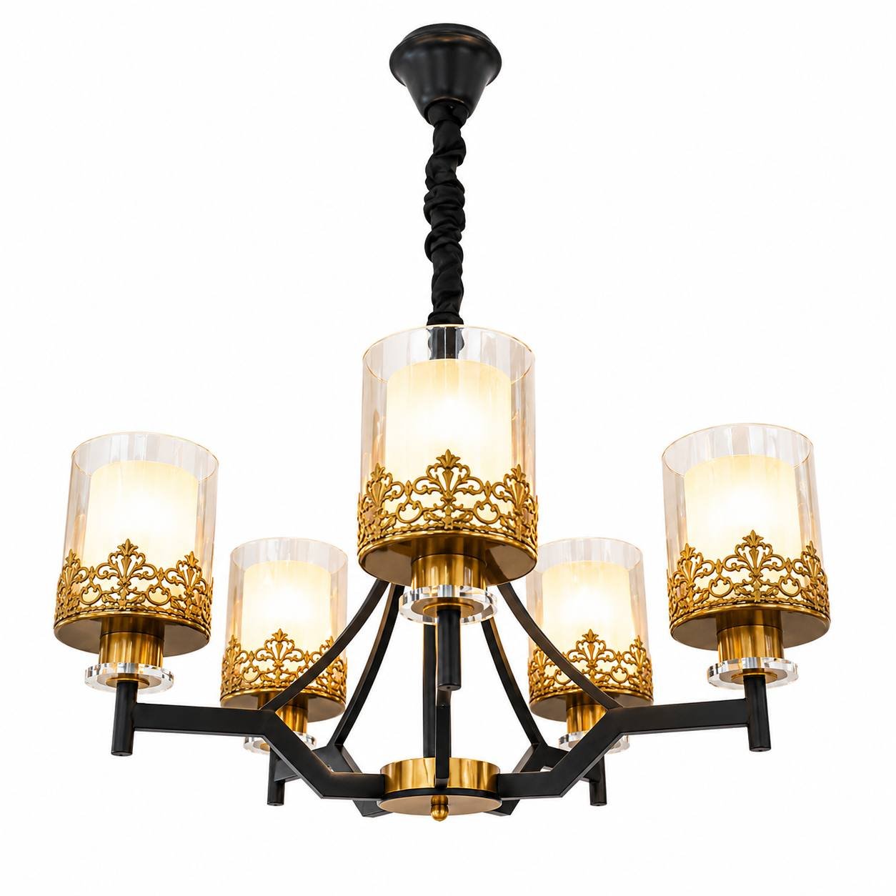 photo_2026-07-25_14-45-27 Lustre Moderne Géométrique 5 Lumières – Noir & Doré – Image 1