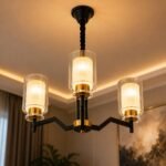 Lustre Moderne Géométrique 3 Lumières – Noir & Doré – Image 3