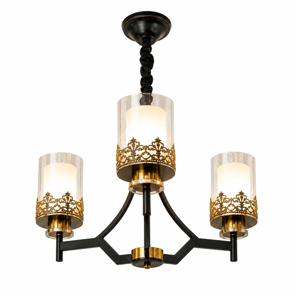 photo_2026-07-25_15-09-50 Lustre Géométrique Classique 3 Lumières – Noir & Doré – Image 1