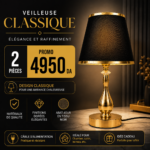 2 Pièces Veilleuse Classique à Abat-Jour Noir et Finitions Dorées – Image 5