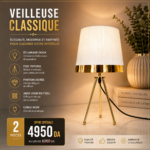 2 pièces Veilleuse Classique Tripode à Abat-Jour Blanc et Finitions Dorées – Image 5
