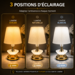 2 Pièces Veilleuse Classique à Abat-Jour Crème Plissé – 3 Modes d’Éclairage – Image 4