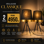 2 Pièces Veilleuse Classique Tripode à Abat-Jour Noir et Finition Dorée – Image 5