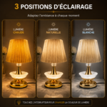 2 PIÈCES Veilleuse Classique à Abat-Jour Doré Plissé – 3 Modes d’Éclairage – Image 4