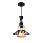 Lustre Fer Forgé Noir avec Verre Transparent et Structure Géométrique