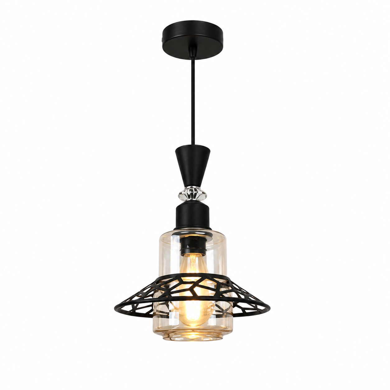 3f872922-cd7d-4a10-a6b7-457299340788 Lustre Fer Forgé Noir avec Verre Transparent et Structure Géométrique – Image 1