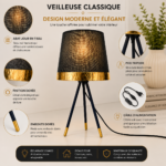 2 Pièces Veilleuse Classique Tripode à Abat-Jour Noir et Finition Dorée – Image 4