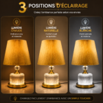 2 Pièces Veilleuse Classique à Abat-Jour Doré Plissé – 3 Modes d’Éclairage – Image 5