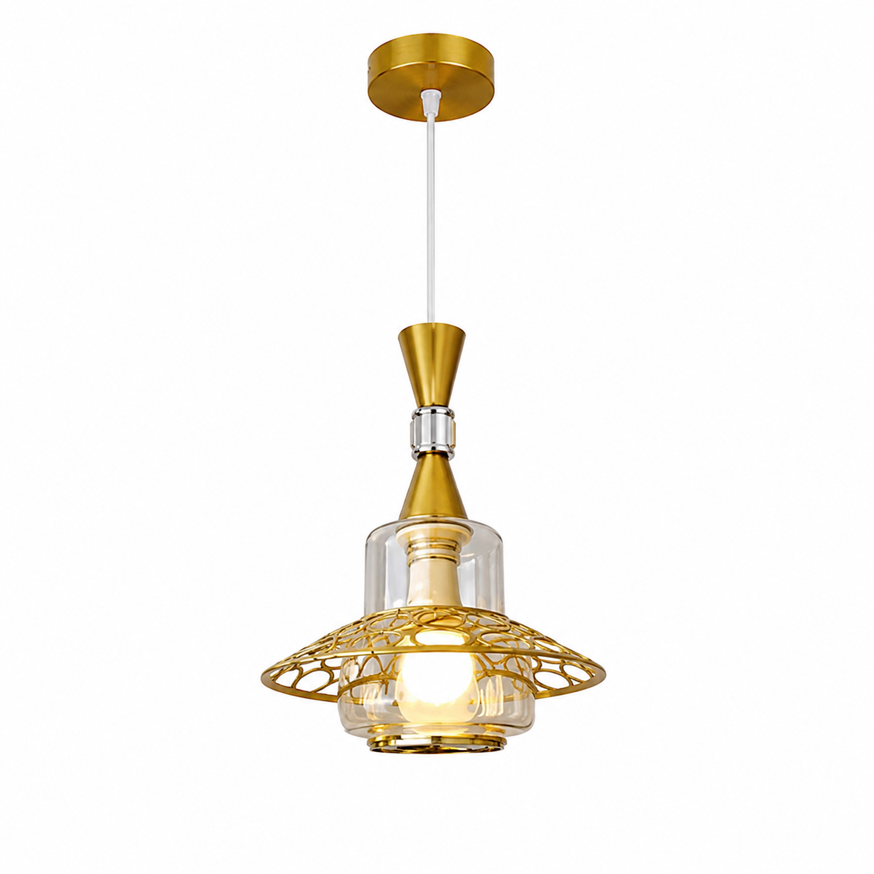 a59d8410-f643-40c1-bcab-3f2159fedd4e Lustre Fer Forgé Doré avec Verre Transparent – Image 1