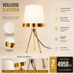 2 pièces Veilleuse Classique Tripode à Abat-Jour Blanc et Finitions Dorées – Image 6