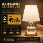 2 Pièces Veilleuse Classique à Abat-Jour Blanc Plissé – 3 Modes d’Éclairage – Image 5