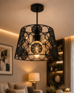 Lustre Fer Forgé Noir à Motifs Décoratifs Circulaires – Image 3