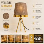 2 pièces Veilleuse Classique Tripode à Abat-Jour Marron et Finitions Dorées – Image 4