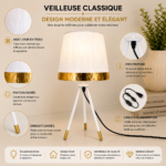 2 Pièces Veilleuse Classique Tripode à Abat-Jour Blanc et Finition Dorée – Image 4